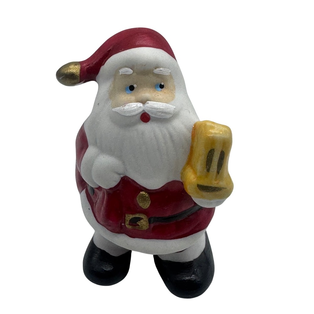 Vintage Style Ceramic Santa Claus Figurine Red Suit Golden Bell Christmas Decor